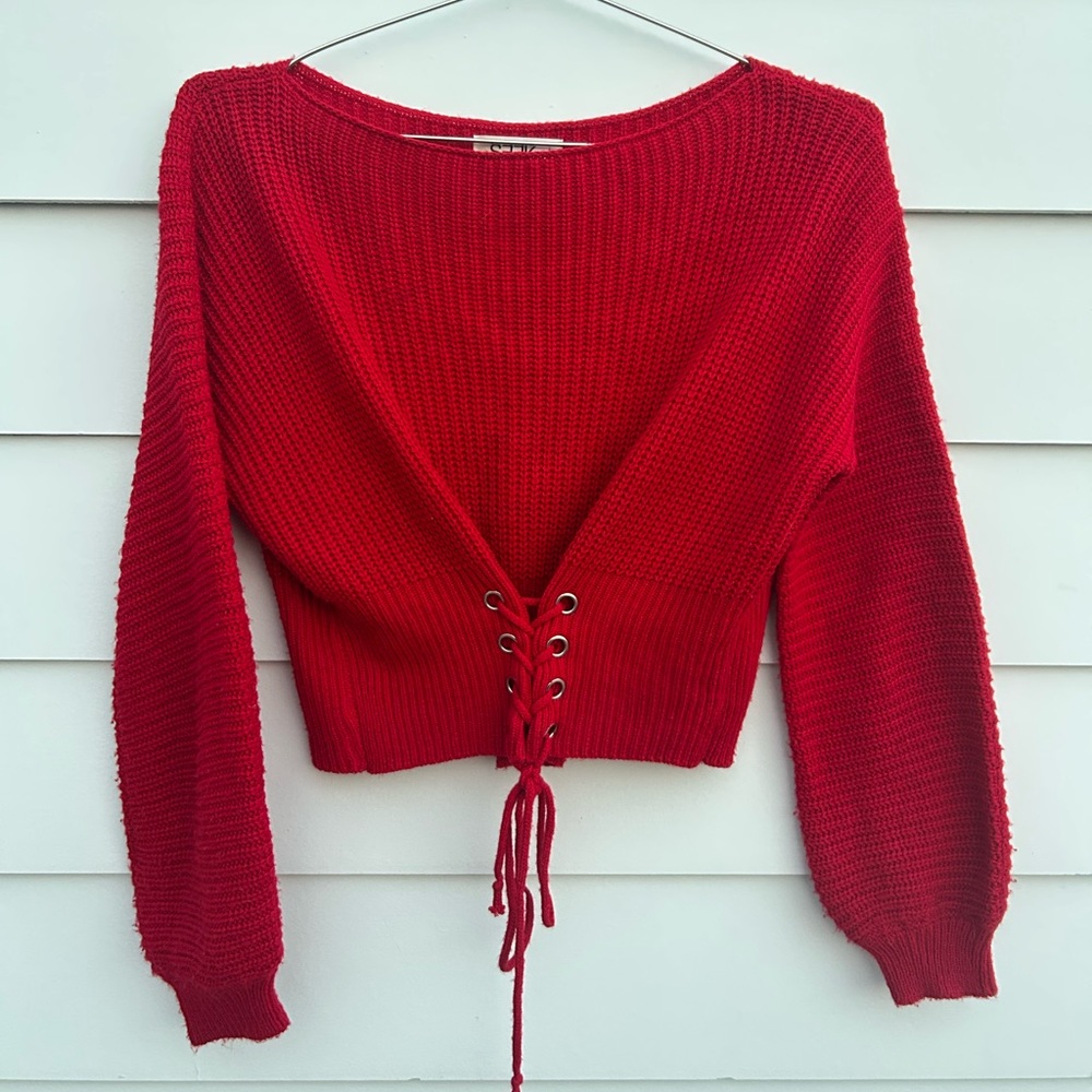 SEEK Scarlet V-Neck Lace-Up Sweater